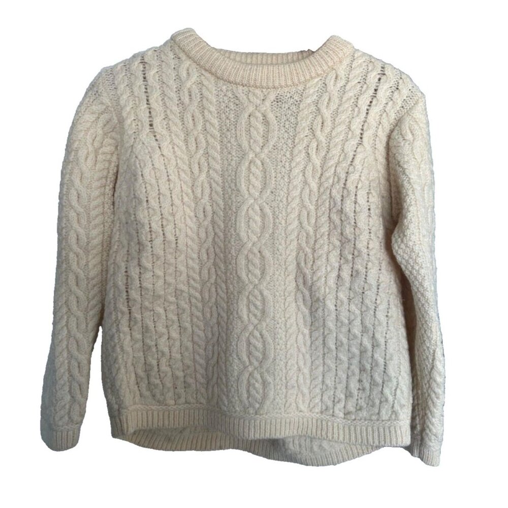 Aran Mor Ireland 100% Merino Wool Cream Cableknit Women's Sweater M